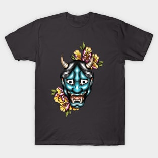 Japanese Oni Mask and Flowers T-Shirt